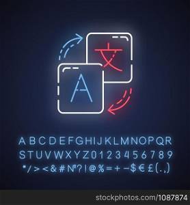 Language translation service neon light icon. Instant machine translator. Automated interpretation. Online dictionary. Glowing sign with alphabet, numbers and symbols. Vector isolated illustration