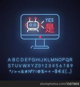Language translation service neon light icon. Multilingual chatbot. Desktop instant online machine translator. Automated interpretation. Glowing sign with alphabet. Vector isolated illustration