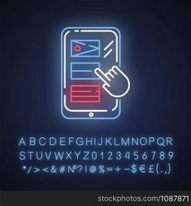Language translation service neon light icon. Online multilingual dictionary. Smartphone, tablet translator application. Glowing sign with alphabet, numbers and symbols. Vector isolated illustration