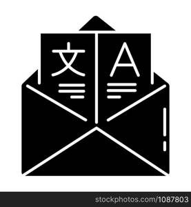 Language translation services glyph icon. International business communication. Email professional translation. illustration Silhouette symbol. Negative space. Vector isolated illustration
