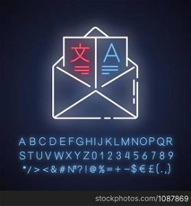 Language translation services neon light icon. International communication. Message interpretation. Email translation. Glowing sign with alphabet, numbers and symbols. Vector isolated illustration