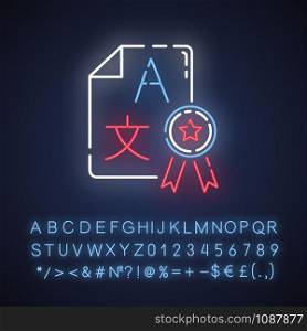 Language translation services neon light icon. Interpretation agency. Translator license. Certified document translation. Glowing sign with alphabet, numbers and symbols. Vector isolated illustration
