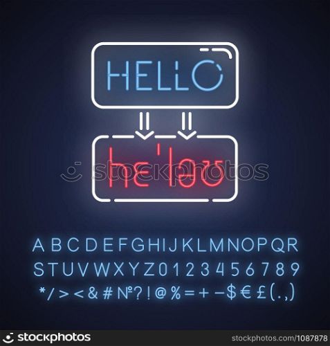 Language translation services neon light icon. Machine transcription. Online dictionary. Word sound representation. Spell check. Glowing sign with alphabet, numbers. Vector isolated illustration