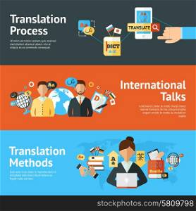 Language translator horizontal banner set with translation methods and process elements isolated vector illustration. Language Translator Banner Set