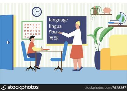 Language tutor flat composition with home scenery characters of student and teacher writing words in chalk vector illustration