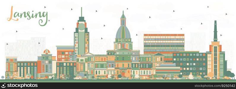 Lansing Michigan City Skyline with Color Buildings. Vector Illustration. Business Travel and Concept with Historic Architecture. Lansing USA Cityscape with Landmarks.