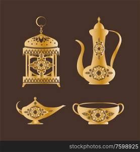 Lantern and mug collection, items made of golden material having traditional ornaments, floral elements, teapot with flowers set vector illustration. Lantern and Mug Collection Vector Illustration