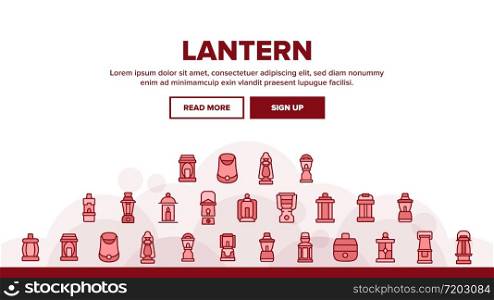 Lantern Equipment Landing Web Page Header Banner Template Vector. Vintage And Ancient Lantern, Kerosene Lamp And With Candle, Lighting Device Illustrations. Lantern Equipment Landing Header Vector