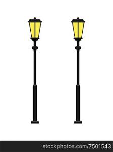 Lantern illuminating light and glowing lamps isolated icons vector. Street furniture and illumination of city town park street at night. Metal stands. Lantern Illuminating and Glowing Lamps Vector