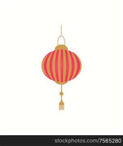 Lantern in red and gold colors, isolated vector icon. Hanging red lamp with golden stripes. Chinese decoration for New Year, holiday decorative element. Lantern in Red and Gold Color Isolated Vector Icon