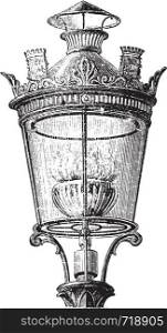 Lantern with intensive gas nozzle for lighting the streets of Paris in 1878, vintage engraved illustration. Industrial encyclopedia E.-O. Lami - 1875.