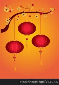 Lanterns and blossom flower, chinese style vector illustration
