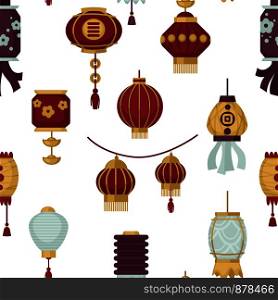 Lanterns of Eastern and Oriental style seamless pattern vector. Paper lamps with bulbs and decoration, ornaments lace and ribbons. Classic arabia decor, decorative light variety isolated design. Lanterns of Eastern and Oriental style seamless pattern vector.