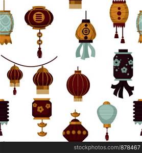 Lanterns of Eastern and Oriental style seamless pattern vector. Paper lamps with bulbs and decoration, ornaments lace and ribbons. Classic arabia decor, decorative light variety isolated design. Lanterns of Eastern and Oriental style seamless pattern vector.