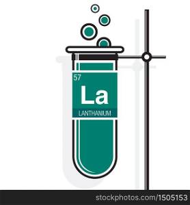 Lanthanium symbol on label in a green test tube with holder. Element number 57 of the Periodic Table of the Elements - Chemistry