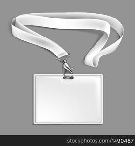 Lanyard Identification Card With Ribbon Vector. Blank Badge With Metal Closure And Card With Plastic. Accreditation For Events, Meetings, Fairs And Companies. Template Realistic 3d Illustration. Lanyard Identification Card With Ribbon Vector Illustration