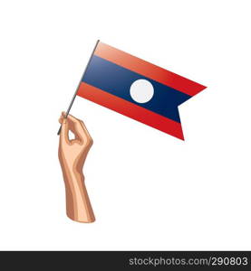 Laos flag and hand on white background. Vector illustration.. Laos flag and hand on white background. Vector illustration
