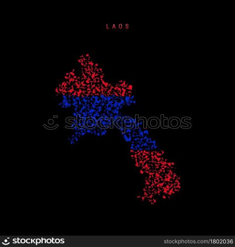 Laos flag map, chaotic particles pattern in the colors of the Laotian flag. Vector illustration isolated on black background.. Laos flag map, chaotic particles pattern in the Laotian flag colors. Vector illustration