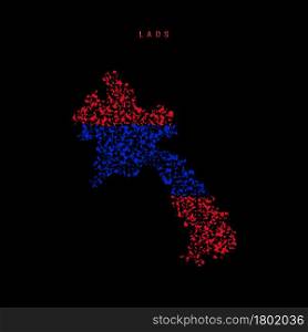 Laos flag map, chaotic particles pattern in the colors of the Laotian flag. Vector illustration isolated on black background.. Laos flag map, chaotic particles pattern in the Laotian flag colors. Vector illustration