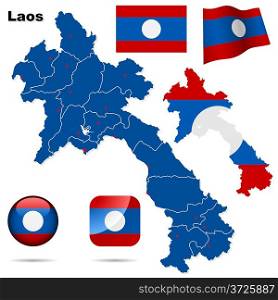 Laos vector set. Detailed country shape with region borders, flags and icons isolated on white background.
