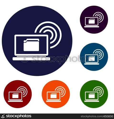 Laptop and and wireless icons set in flat circle reb, blue and green color for web. Laptop and and wireless icons set