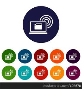 Laptop and and wireless set icons in different colors isolated on white background. Laptop and and wireless set icons
