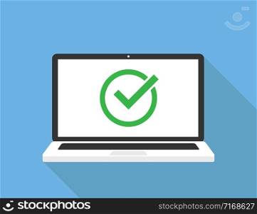 Laptop and check green mark. Vector technology design. White screen. Roung green tick icon. Successful update or accept. EPS 10