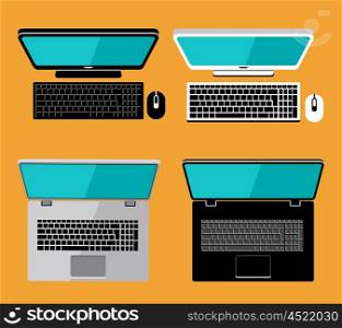 Laptop and computer flat lay. Screen. Vector