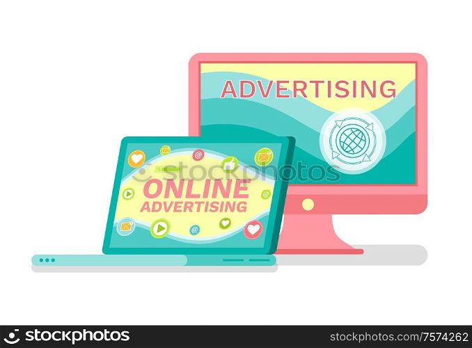 Laptop and computer, online advertising services vector. Promo and commercial through Internet and electronic devices and technologies, social media. Online Advertising Services, Laptop and Computer