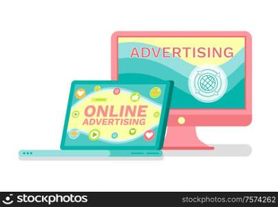 Laptop and computer, online advertising services vector. Promo and commercial through Internet and electronic devices and technologies, social media. Online Advertising Services, Laptop and Computer