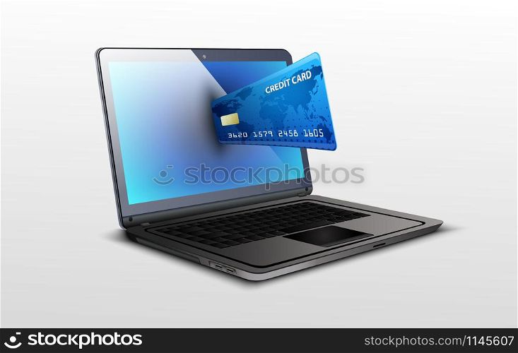 Laptop and credit card on white isolated background. Vector