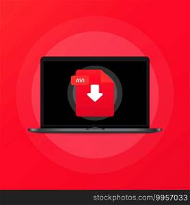 Laptop and download AVI file icon. Document downloading concept. AVI label and down arrow sign. Vector on isolated background. EPS 10.. Laptop and download AVI file icon. Document downloading concept. AVI label and down arrow sign. Vector on isolated background. EPS 10