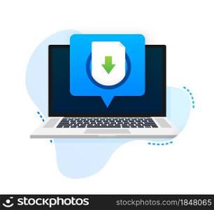 Laptop and download file icon. Document downloading concept. Trendy flat design graphic with long shadow. Vector illustration. Laptop and download file icon. Document downloading concept. Trendy flat design graphic with long shadow. Vector illustration.