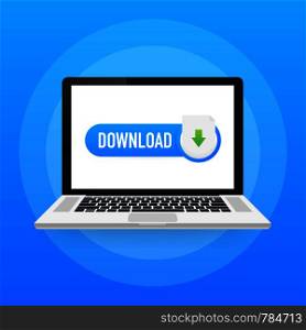 Laptop and download file icon. Document downloading concept. Trendy flat design graphic with long shadow. Vector stock illustration.