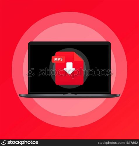 Laptop and download MP3 file icon. Document downloading concept. MP3 label and down arrow sign. Vector on isolated background. EPS 10. Laptop and download MP3 file icon. Document downloading concept. MP3 label and down arrow sign. Vector on isolated background. EPS 10.