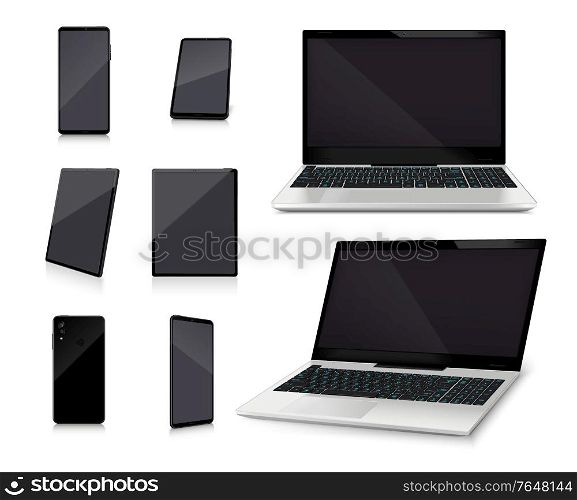 Laptop and smartphone mockups with empty black glossy screens realistic set on white background isolated vector illustration