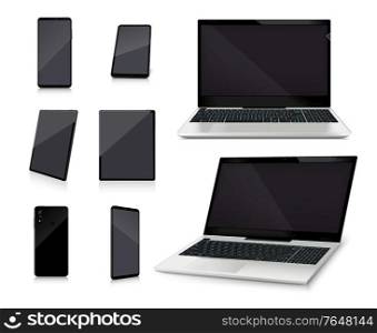 Laptop and smartphone mockups with empty black glossy screens realistic set on white background isolated vector illustration
