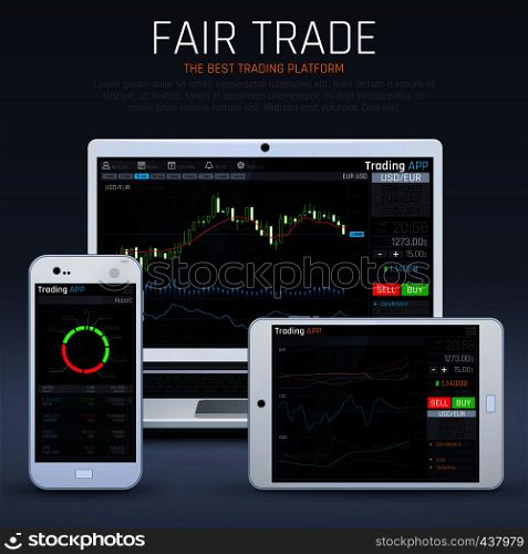 Laptop and smartphone with business market app. Financial charts and exchange currency vector concept. Illustration of business data chart exchange, financial stock on laptop. Laptop and smartphone with business market app. Financial charts and exchange currency vector concept