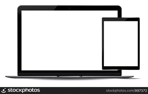 Laptop and tablet pc mockup set. Mobile devices vector illustration. Notebook and phablet isolated on white background.. Laptop and tablet pc mockup set. Mobile devices