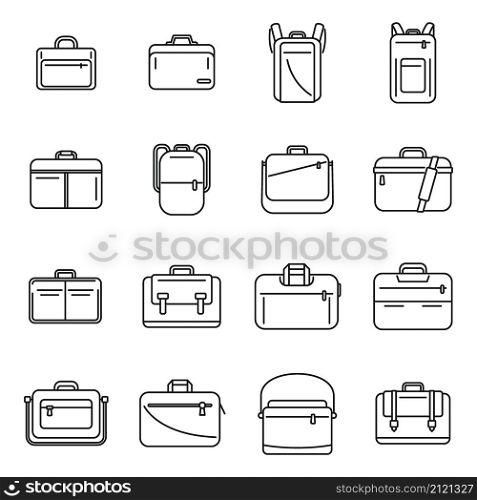 Laptop bag icons set outline vector. Computer case. Shoulder luggage. Laptop bag icons set outline vector. Computer case