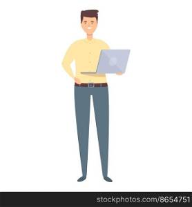 Laptop bank manager icon cartoon vector. Sme person. Debt report. Laptop bank manager icon cartoon vector. Sme person