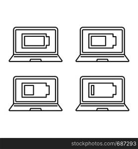 Laptop battery charging linear icons set. Computer high, low, middle charge. Notebook battery level indicator. Thin line contour symbols. Isolated vector outline illustrations. Editable stroke. Laptop battery charging linear icons set