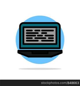 Laptop, Coding, Code, Screen, Computer Abstract Circle Background Flat color Icon