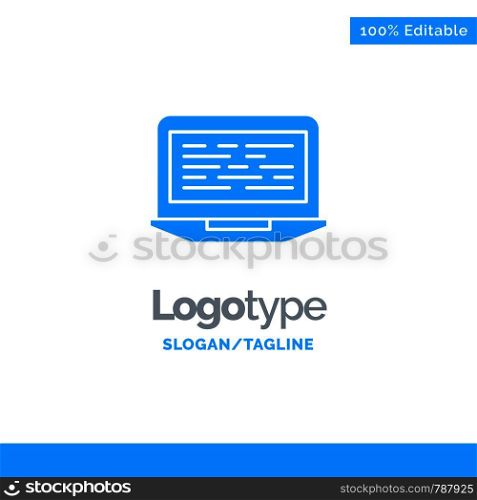 Laptop, Coding, Code, Screen, Computer Blue Solid Logo Template. Place for Tagline
