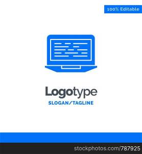 Laptop, Coding, Code, Screen, Computer Blue Solid Logo Template. Place for Tagline
