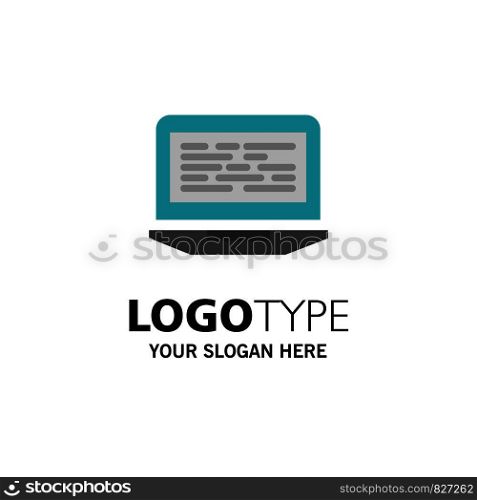 Laptop, Coding, Code, Screen, Computer Business Logo Template. Flat Color