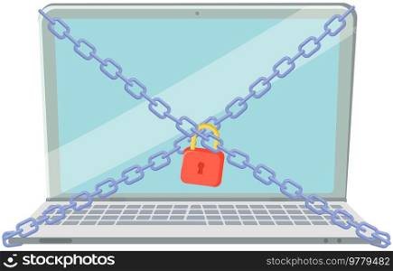 Laptop computer are bound with chains and locked with padlock flat style. Computer security concept. Protection of personal digital data from penetration of strangers. information security on network. Laptop computer are bound with chains and locked with padlock flat style. Computer security concept