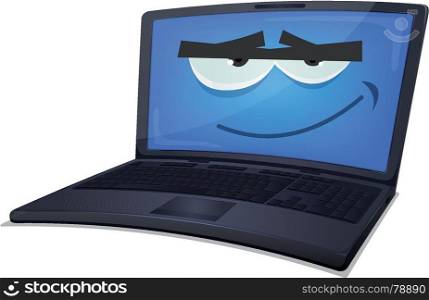 Laptop Computer Character. Illustration of a cartoon laptop computer smiling, with blue screen for technology retail background