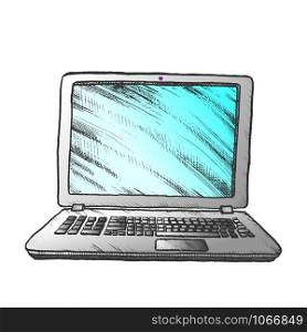 Laptop Computer Digital Gadget Color Vector. Modern Laptop With Blank Monitor. Technological Device Engraving Concept Template Hand Drawn In Vintage Style Illustration. Laptop Computer Digital Gadget Color Vector