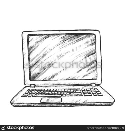 Laptop Computer Digital Gadget Monochrome Vector. Modern Laptop With Blank Monitor. Technological Device Engraving Concept Template Hand Drawn In Vintage Style Black And White Illustration. Laptop Computer Digital Gadget Monochrome Vector